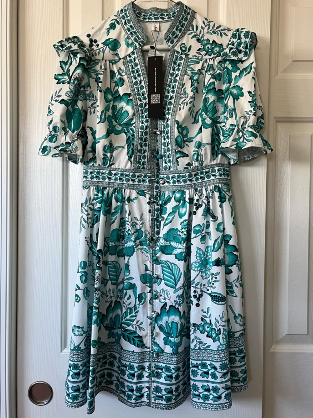 Lai Meng Five Cats Women's Puff Sleeve V-Neck Print Split Mini Dress, XS, NWT - Picture 2 of 13